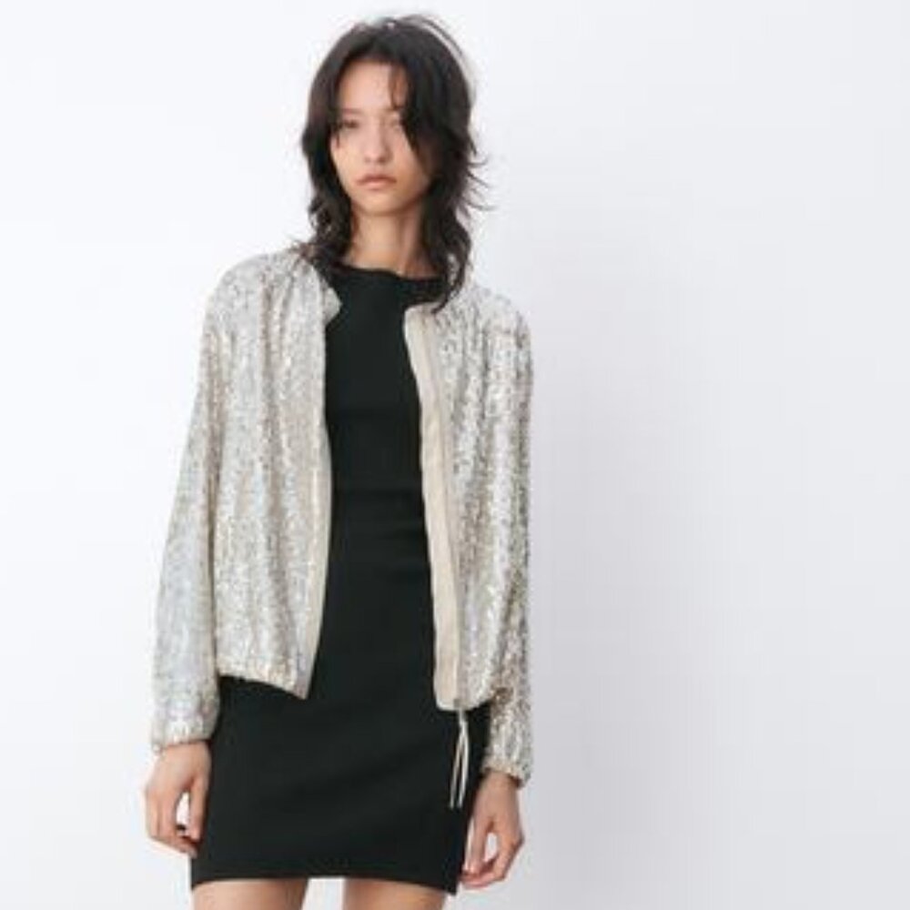 Zara gold metallic sequined bomber jacket zip up bridal party rave medium size M